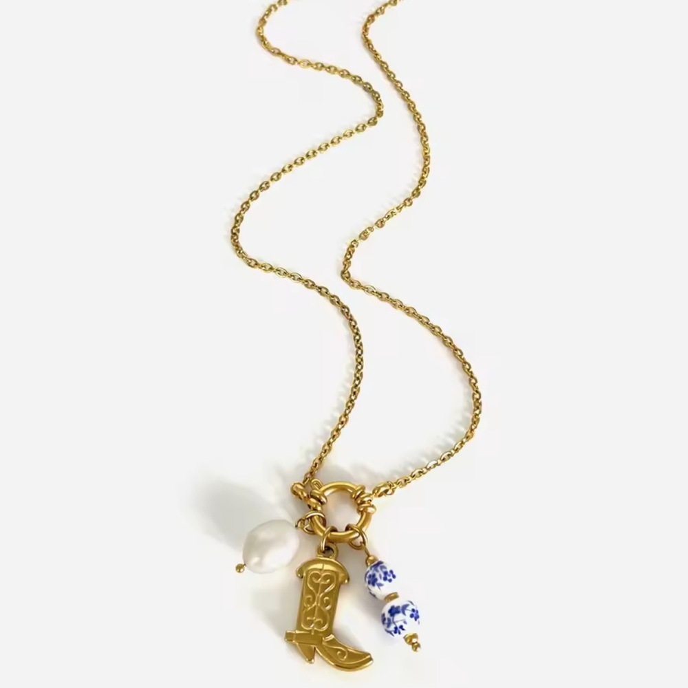 Anthropologie stainless steel ceramic unique Gold Charm Necklace with Boot - Picture 4 of 6